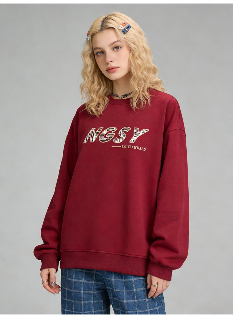 BM INS Burgundy "NGSY" Striped Letter Oversized Crew Neck Sweatshirt | Unisex Pullover With "SMILEY WORLD" Slogan - Image 3